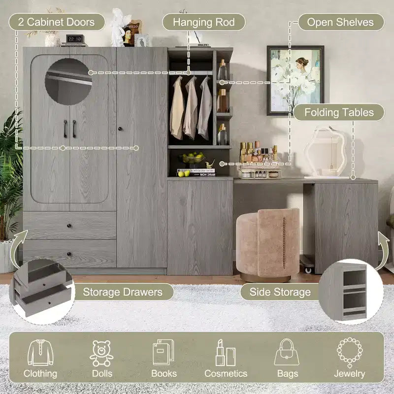 Armadio multifunzione in legno Phyllis con scrivania convertibile