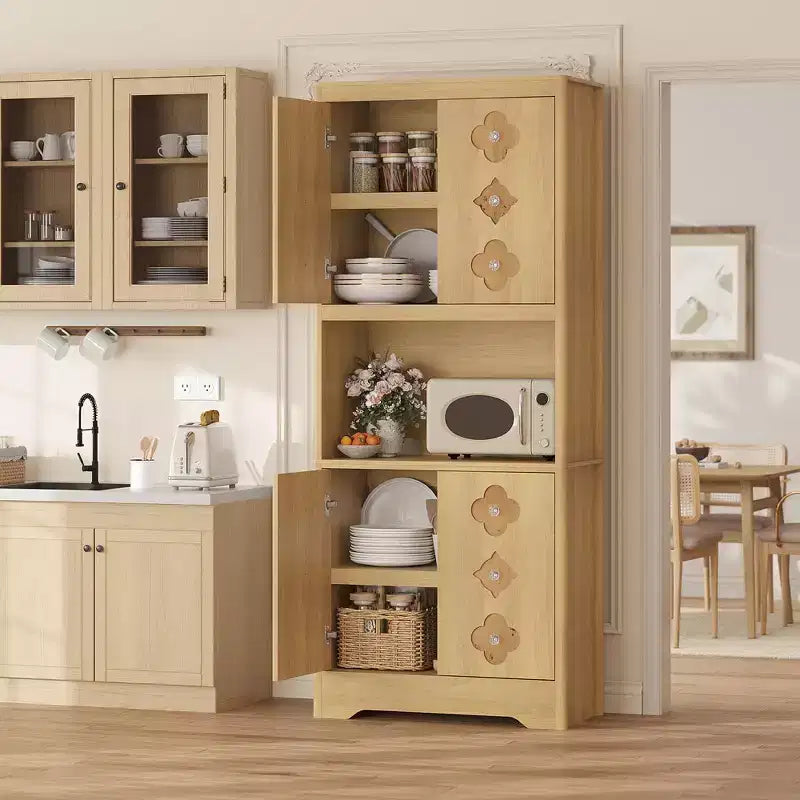 Mobile dispensa da cucina, armadio contenitore alto 182 cm con piano di lavoro, credenza indipendente in legno con anta intagliata e maniglia in cristallo, per sala da pranzo