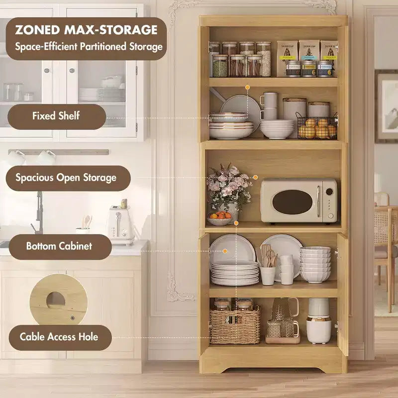 Mobile dispensa da cucina, armadio contenitore alto 182 cm con piano di lavoro, credenza indipendente in legno con anta intagliata e maniglia in cristallo, per sala da pranzo