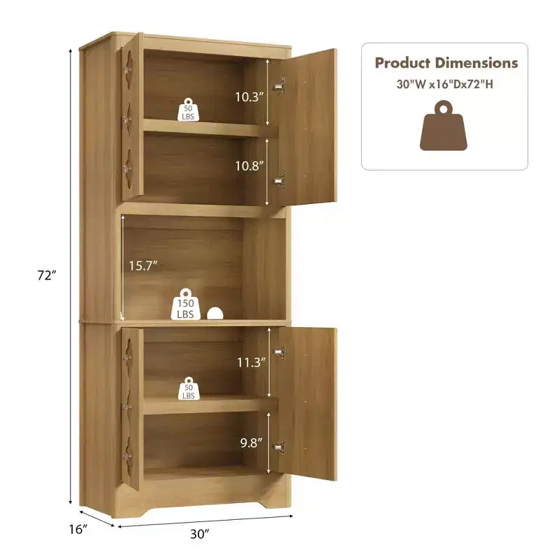 Mobile dispensa da cucina, armadio contenitore alto 182 cm con piano di lavoro, credenza indipendente in legno con anta intagliata e maniglia in cristallo, per sala da pranzo