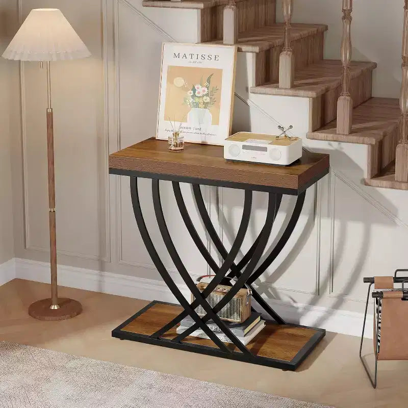 Lantine 2-Piece Side Table Set: Narrow 2-Tier Industrial End Tables with Metal Frame, Rustic Brown, Ideal for Living Room, Bedroom, Small Spaces.