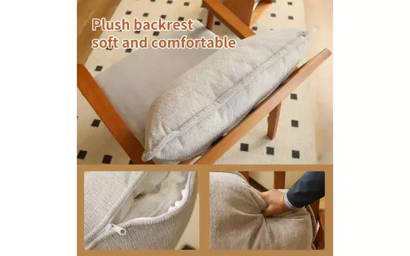 Poltrona di design moderno con struttura in legno massello e cuscino in tessuto felpato, seduta versatile per soggiorno, camera da letto