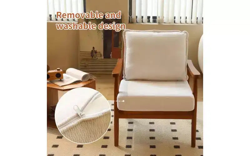Poltrona di design moderno con struttura in legno massello e cuscino in tessuto felpato, seduta versatile per soggiorno, camera da letto