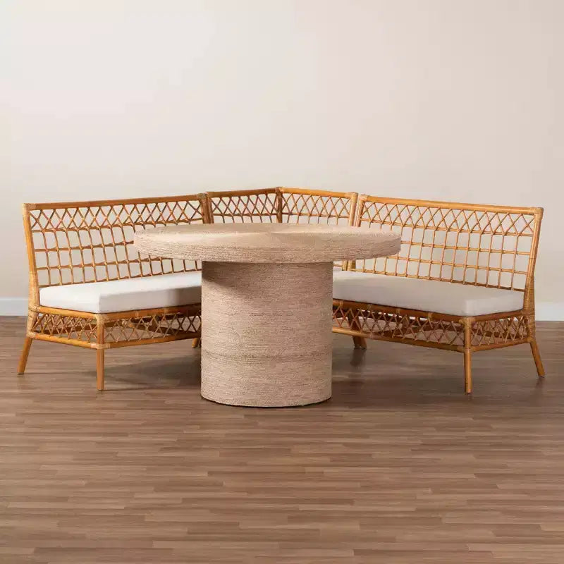 Set Adalina Rattan Angolare da Pranzo (4 Pezzi): Cuscini Morbidi, Tavolo Rotondo, Nessun Montaggio Richiesto