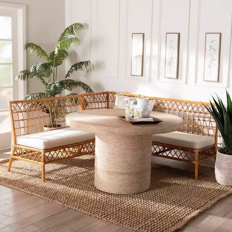 Set Adalina Rattan Angolare da Pranzo (4 Pezzi): Cuscini Morbidi, Tavolo Rotondo, Nessun Montaggio Richiesto