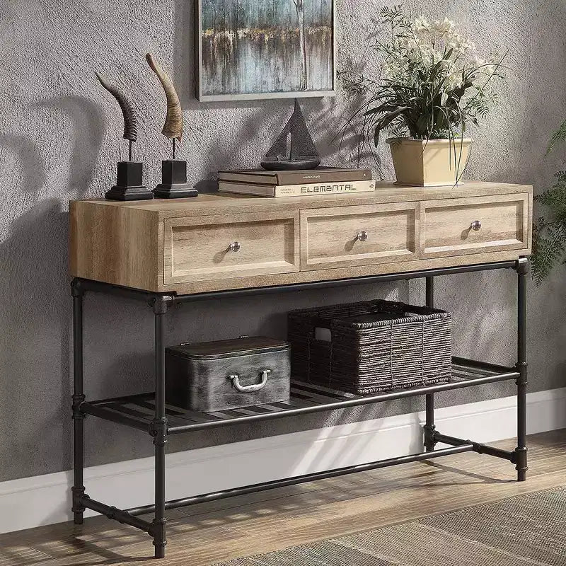 Tavolini d'appoggio Brantley 47" Quercia e Nero Sabbia - Acme Furniture: 3 cassetti, struttura in metallo, piano in composito di legno