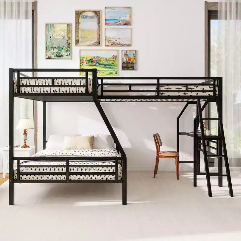 Letto a castello in metallo a due piazze con letto a soppalco a una piazza e scrivania, nero - ModernLuxe