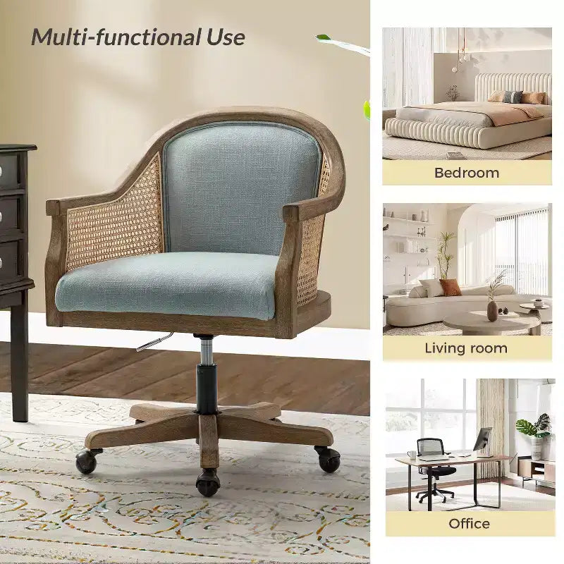 Poltrona operativa Danilo Swivel con braccioli in rattan e cuscino in misto lino naturale e schiuma | ARTFUL LIVING DESIGN