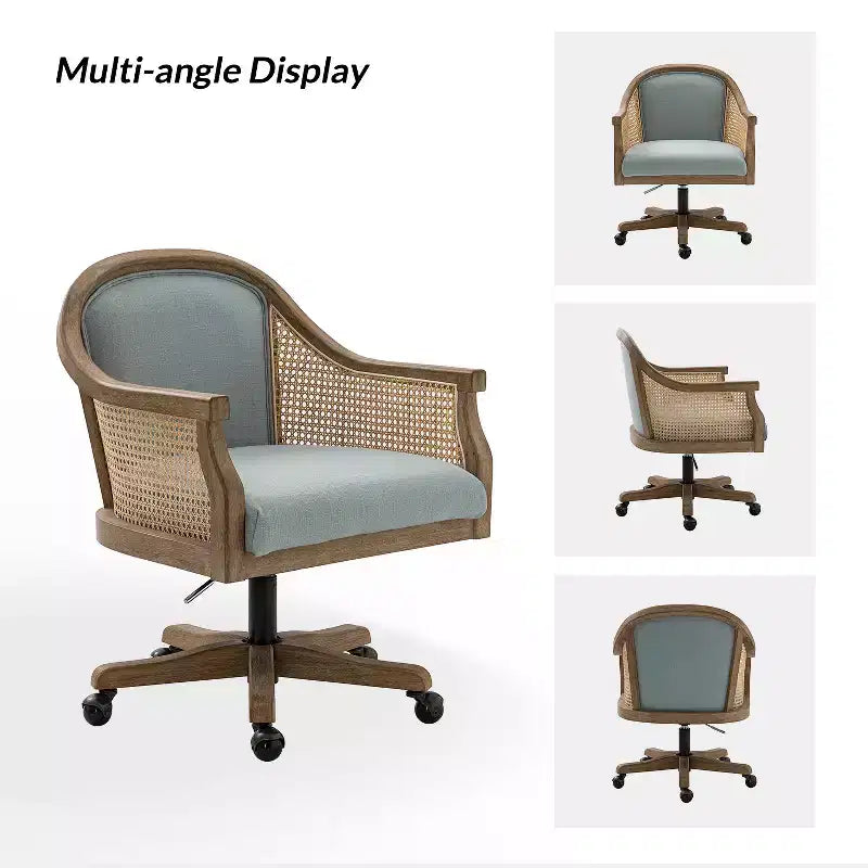 Poltrona operativa Danilo Swivel con braccioli in rattan e cuscino in misto lino naturale e schiuma | ARTFUL LIVING DESIGN