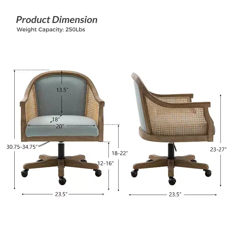 Poltrona operativa Danilo Swivel con braccioli in rattan e cuscino in misto lino naturale e schiuma | ARTFUL LIVING DESIGN