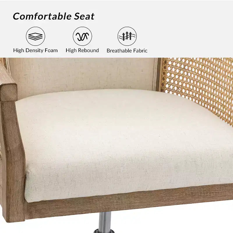 Poltrona operativa Danilo Swivel con braccioli in rattan e cuscino in misto lino naturale e schiuma | ARTFUL LIVING DESIGN