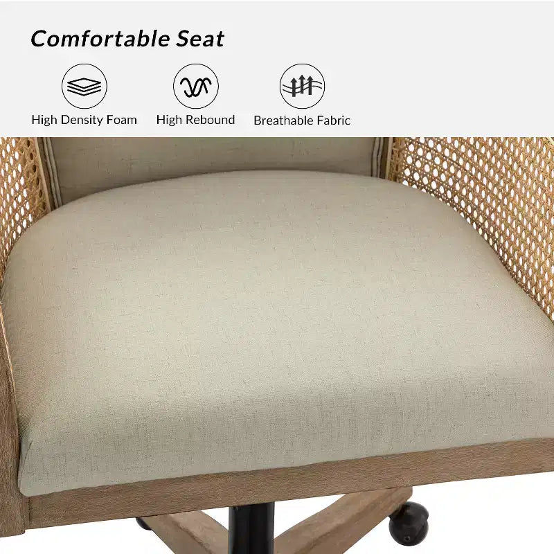 Poltrona operativa Danilo Swivel con braccioli in rattan e cuscino in misto lino naturale e schiuma | ARTFUL LIVING DESIGN