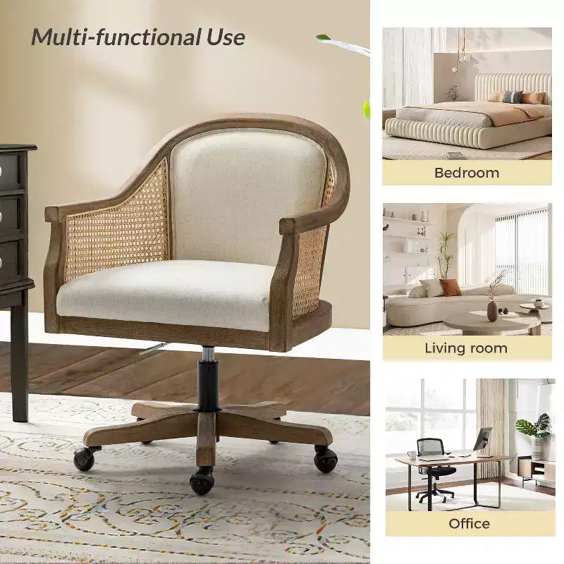 Poltrona operativa Danilo Swivel con braccioli in rattan e cuscino in misto lino naturale e schiuma | ARTFUL LIVING DESIGN
