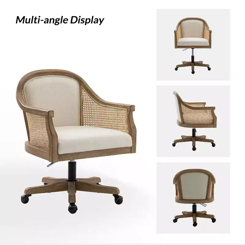 Poltrona operativa Danilo Swivel con braccioli in rattan e cuscino in misto lino naturale e schiuma | ARTFUL LIVING DESIGN