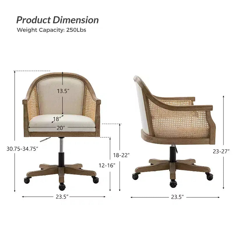 Poltrona operativa Danilo Swivel con braccioli in rattan e cuscino in misto lino naturale e schiuma | ARTFUL LIVING DESIGN