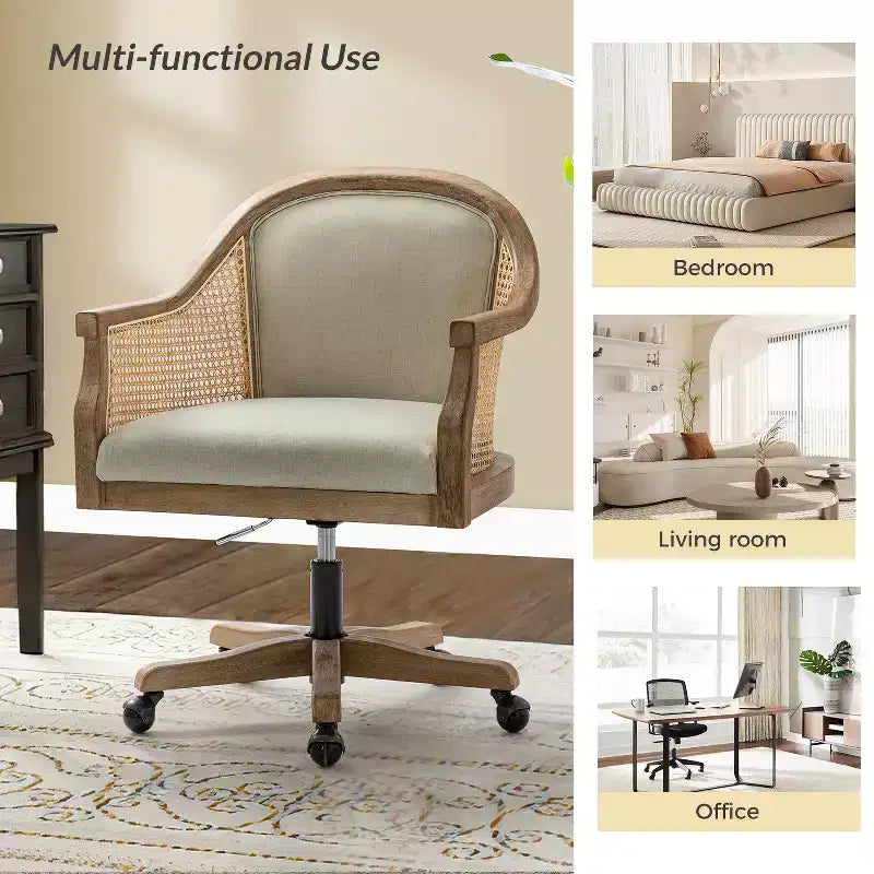 Poltrona operativa Danilo Swivel con braccioli in rattan e cuscino in misto lino naturale e schiuma | ARTFUL LIVING DESIGN