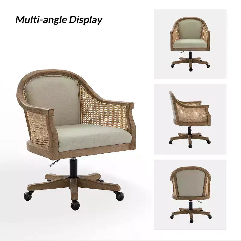 Poltrona operativa Danilo Swivel con braccioli in rattan e cuscino in misto lino naturale e schiuma | ARTFUL LIVING DESIGN