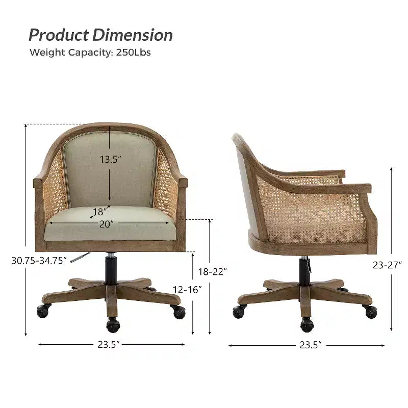 Poltrona operativa Danilo Swivel con braccioli in rattan e cuscino in misto lino naturale e schiuma | ARTFUL LIVING DESIGN