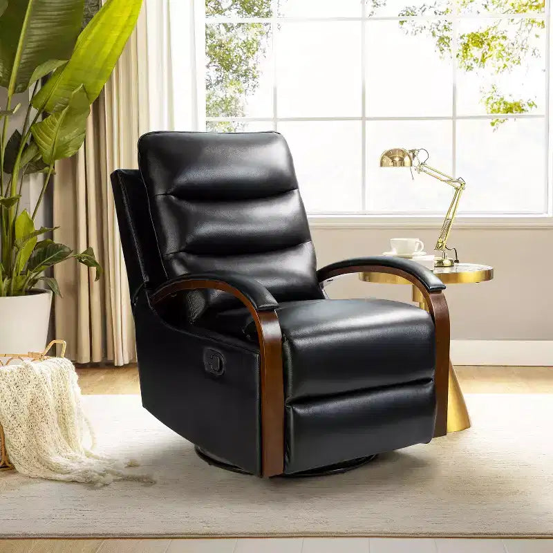 Poltrona reclinabile manuale girevole e dondolante Clemens in vera pelle con bracciolo decorativo curvo | ART OF LIVING DESIGNS