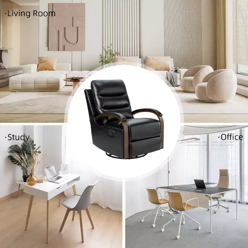 Poltrona reclinabile manuale girevole e dondolante Clemens in vera pelle con bracciolo decorativo curvo | ART OF LIVING DESIGNS