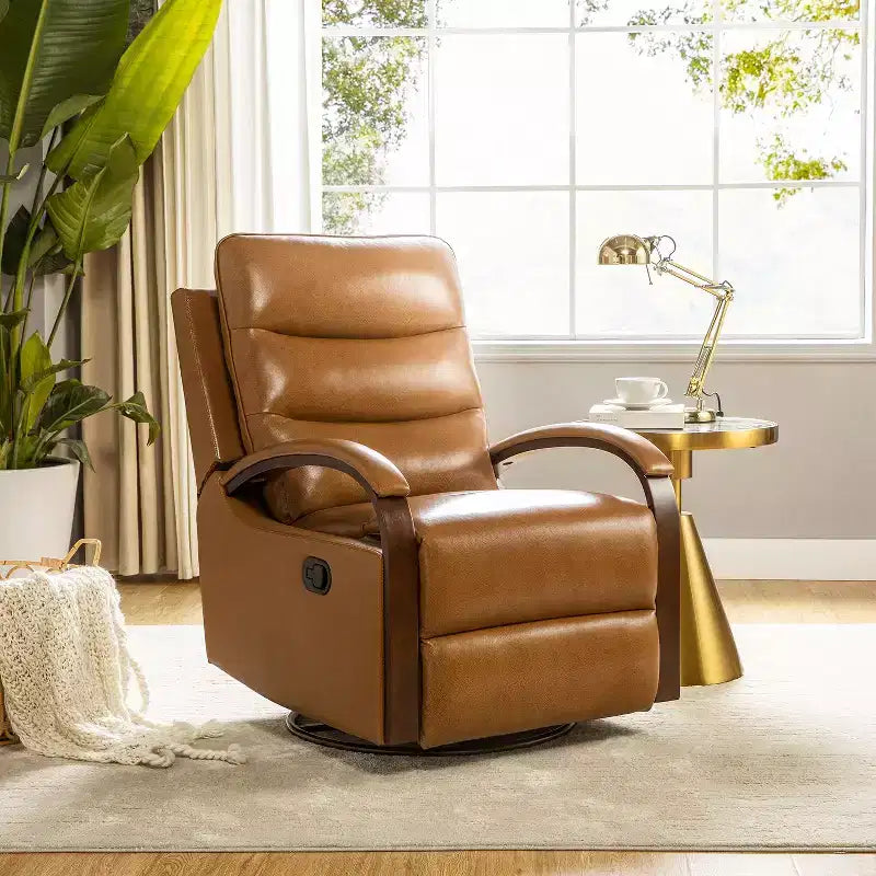 Poltrona reclinabile manuale girevole e dondolante Clemens in vera pelle con bracciolo decorativo curvo | ART OF LIVING DESIGNS