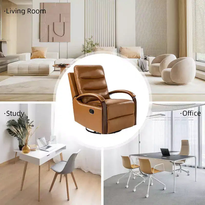 Poltrona reclinabile manuale girevole e dondolante Clemens in vera pelle con bracciolo decorativo curvo | ART OF LIVING DESIGNS