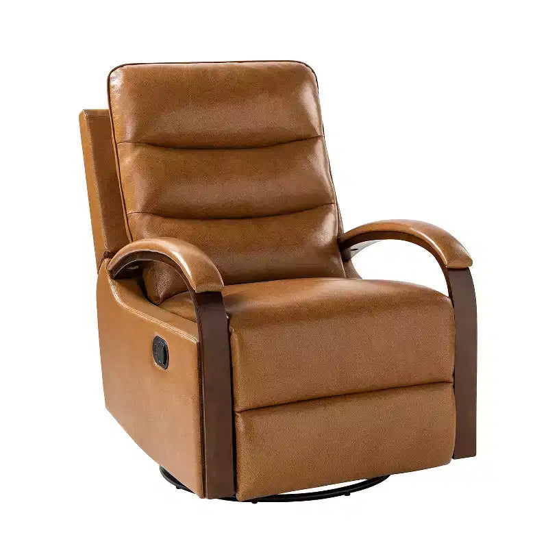 Poltrona reclinabile manuale girevole e dondolante Clemens in vera pelle con bracciolo decorativo curvo | ART OF LIVING DESIGNS