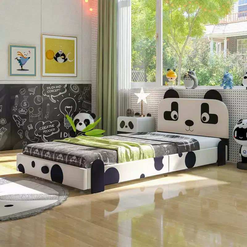 Costway Letto per bambini una piazza e mezza, imbottito, a basso profilo con testiera a forma di panda