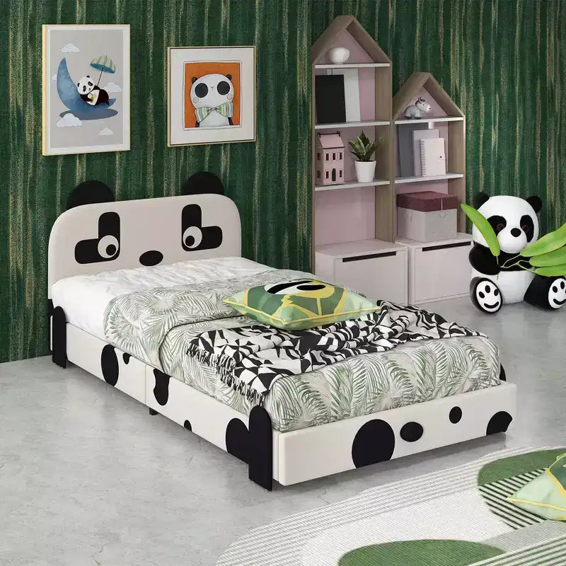 Costway Letto per bambini una piazza e mezza, imbottito, a basso profilo con testiera a forma di panda