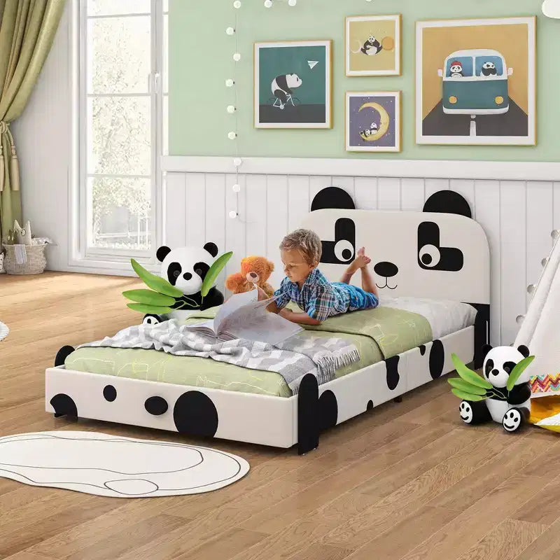 Costway Letto per bambini una piazza e mezza, imbottito, a basso profilo con testiera a forma di panda