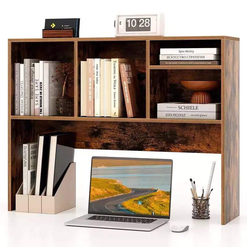 Libreria organizer da scrivania Costway con 4 scomparti, ripiano da appoggio, naturale/bianco