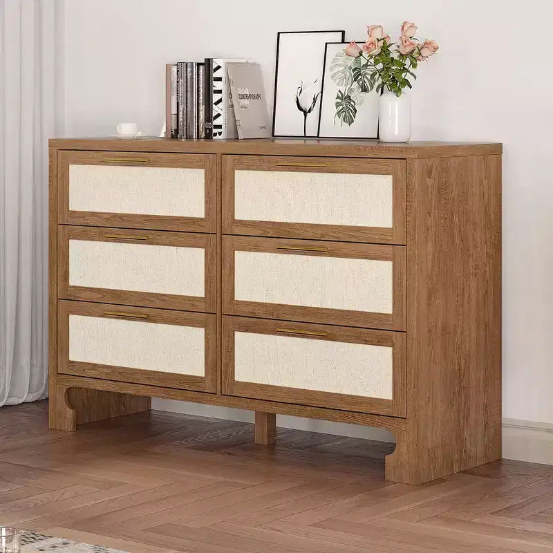 Comò per camera da letto con 6 cassetti, Cassettiera in legno effetto iuta per armadio, soggiorno, corridoio, cameretta dei bambini, camera da letto per ragazzi