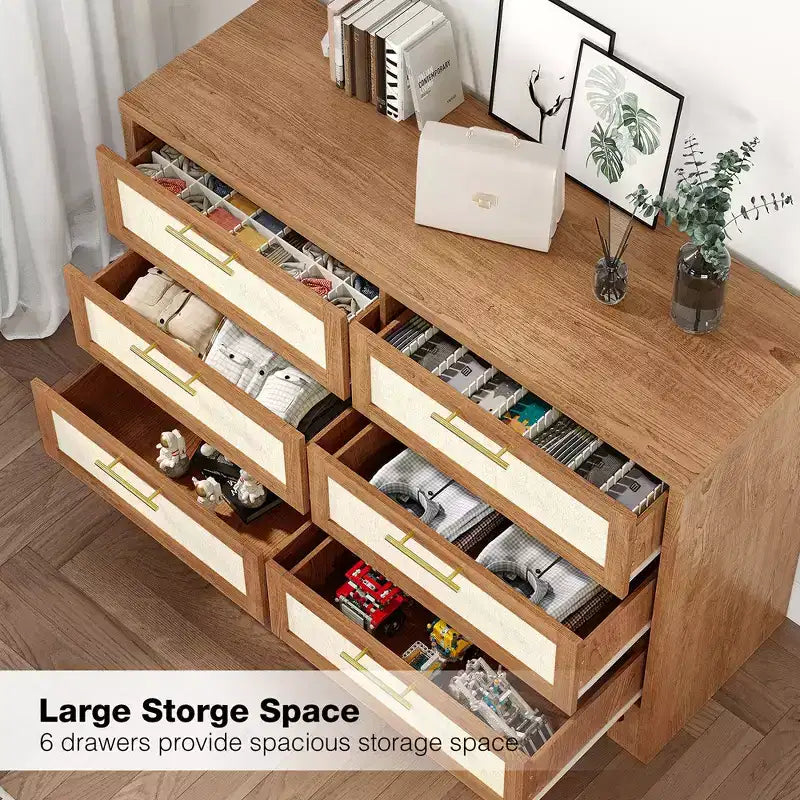 Comò per camera da letto con 6 cassetti, Cassettiera in legno effetto iuta per armadio, soggiorno, corridoio, cameretta dei bambini, camera da letto per ragazzi