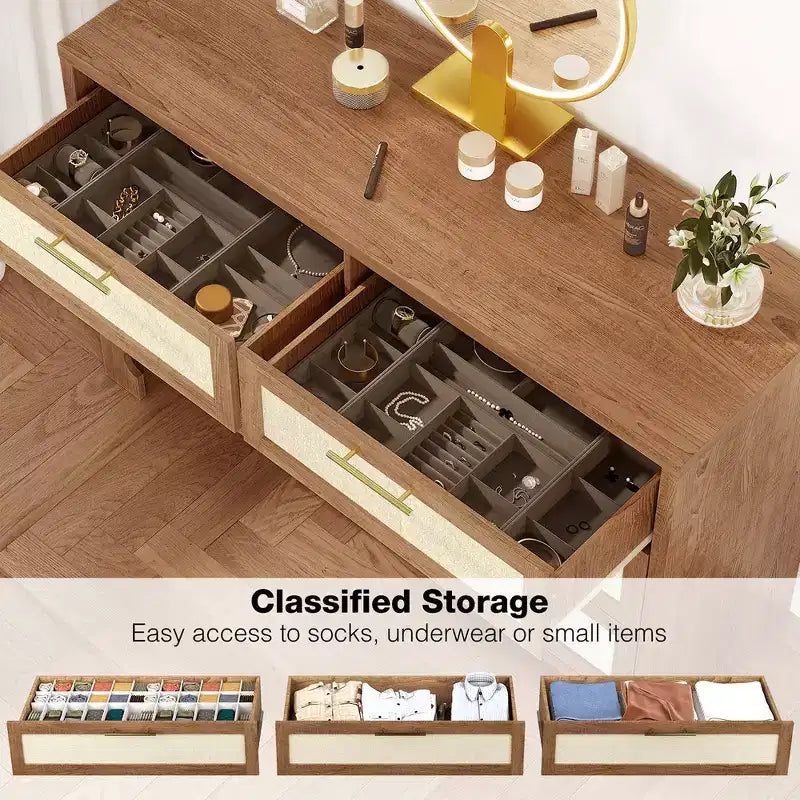 Comò per camera da letto con 6 cassetti, Cassettiera in legno effetto iuta per armadio, soggiorno, corridoio, cameretta dei bambini, camera da letto per ragazzi