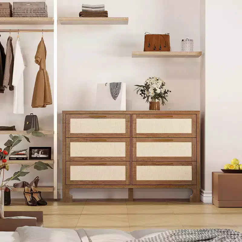 Comò per camera da letto con 6 cassetti, Cassettiera in legno effetto iuta per armadio, soggiorno, corridoio, cameretta dei bambini, camera da letto per ragazzi
