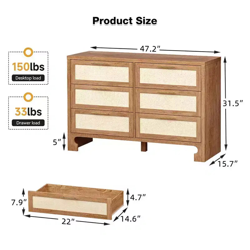 Comò per camera da letto con 6 cassetti, Cassettiera in legno effetto iuta per armadio, soggiorno, corridoio, cameretta dei bambini, camera da letto per ragazzi
