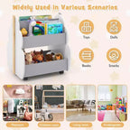 Scaffale per libri in legno per bambini con ruote, scaffale per giocattoli a 2 livelli, libreria bifacciale, grigio/naturale