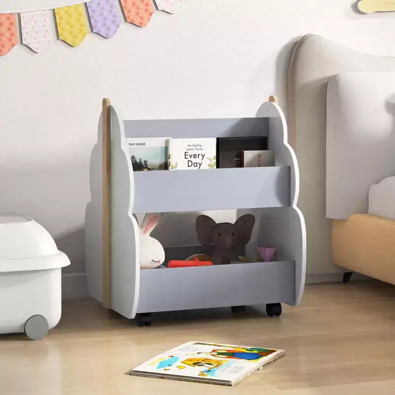 Scaffale per libri in legno per bambini con ruote, scaffale per giocattoli a 2 livelli, libreria bifacciale, grigio/naturale