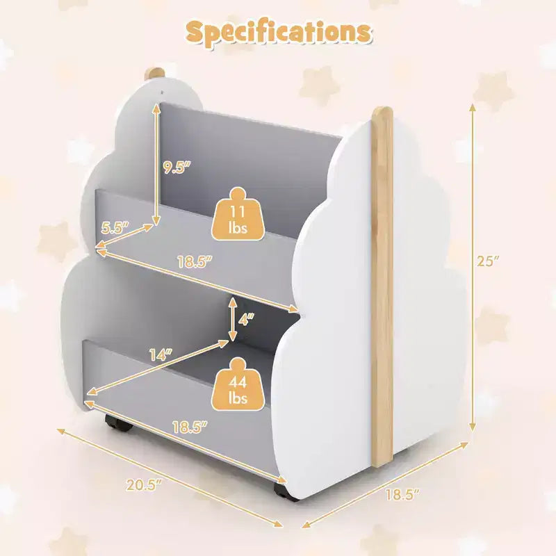 Scaffale per libri in legno per bambini con ruote, scaffale per giocattoli a 2 livelli, libreria bifacciale, grigio/naturale