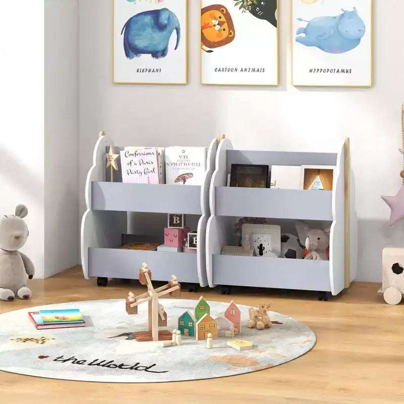 Scaffale per libri in legno per bambini con ruote, scaffale per giocattoli a 2 livelli, libreria bifacciale, grigio/naturale