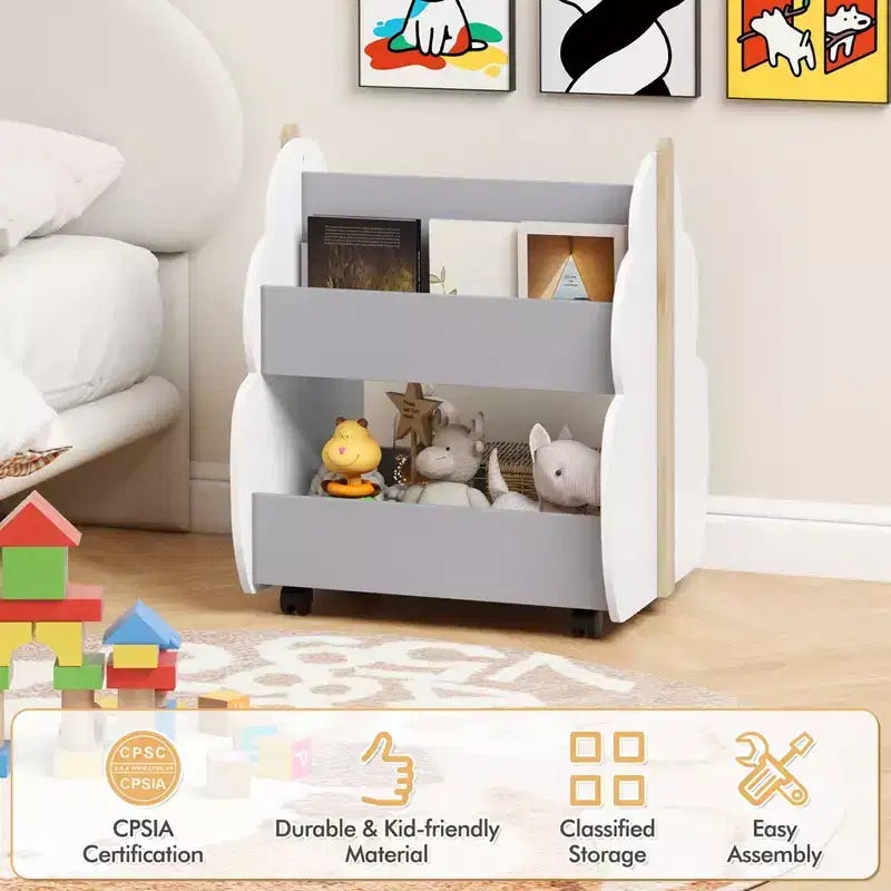 Scaffale per libri in legno per bambini con ruote, scaffale per giocattoli a 2 livelli, libreria bifacciale, grigio/naturale