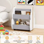 Scaffale per libri in legno per bambini con ruote, scaffale per giocattoli a 2 livelli, libreria bifacciale, grigio/naturale