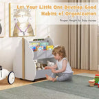 Scaffale per libri in legno per bambini con ruote, scaffale per giocattoli a 2 livelli, libreria bifacciale, grigio/naturale