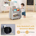 Scaffale per libri in legno per bambini con ruote, scaffale per giocattoli a 2 livelli, libreria bifacciale, grigio/naturale