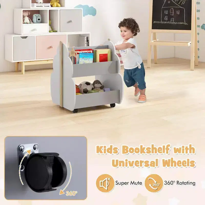 Scaffale per libri in legno per bambini con ruote, scaffale per giocattoli a 2 livelli, libreria bifacciale, grigio/naturale