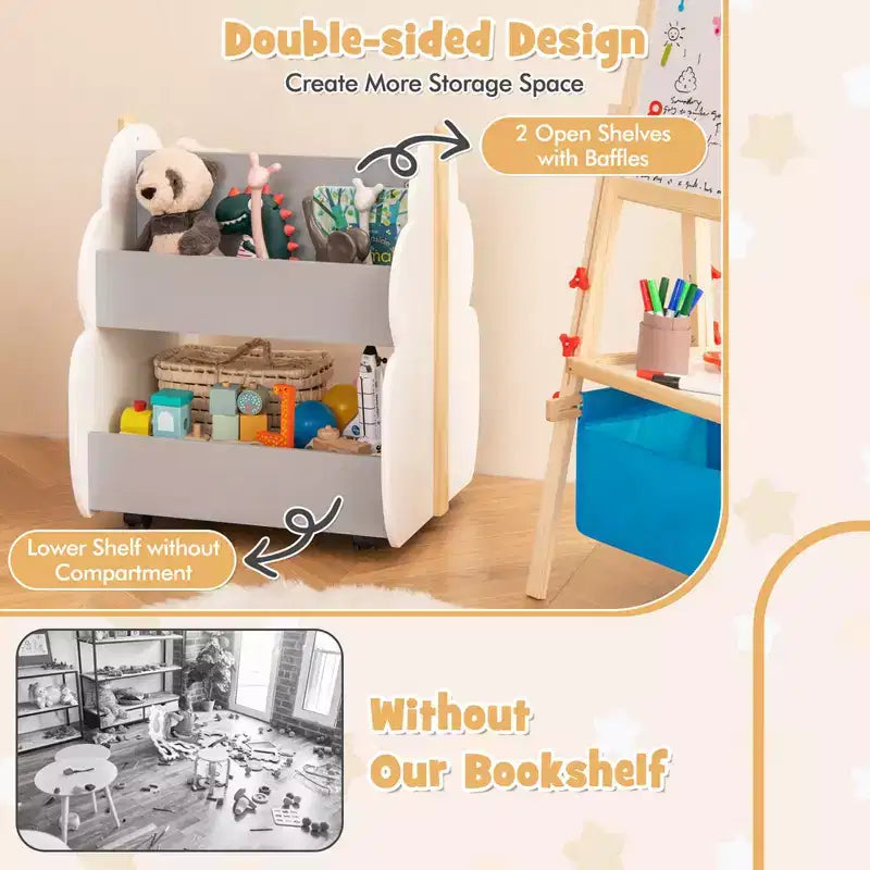 Scaffale per libri in legno per bambini con ruote, scaffale per giocattoli a 2 livelli, libreria bifacciale, grigio/naturale