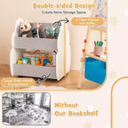 Scaffale per libri in legno per bambini con ruote, scaffale per giocattoli a 2 livelli, libreria bifacciale, grigio/naturale