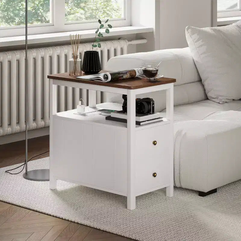 Tavolino stretto con stazione di ricarica e porte USB per soggiorno, tavolino moderno con cassetti e ripiano