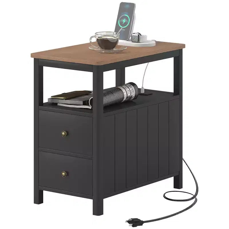Tavolino stretto con stazione di ricarica e porte USB per soggiorno, tavolino moderno con cassetti e ripiano