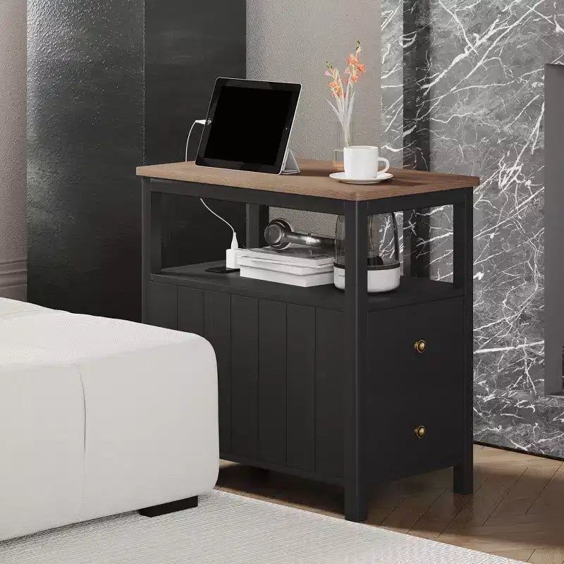 Tavolino stretto con stazione di ricarica e porte USB per soggiorno, tavolino moderno con cassetti e ripiano